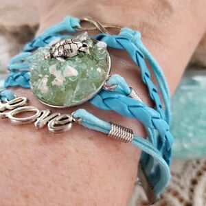 Aqua and Silver Sea Turtle Charm Cuff Bracelet In Leather
